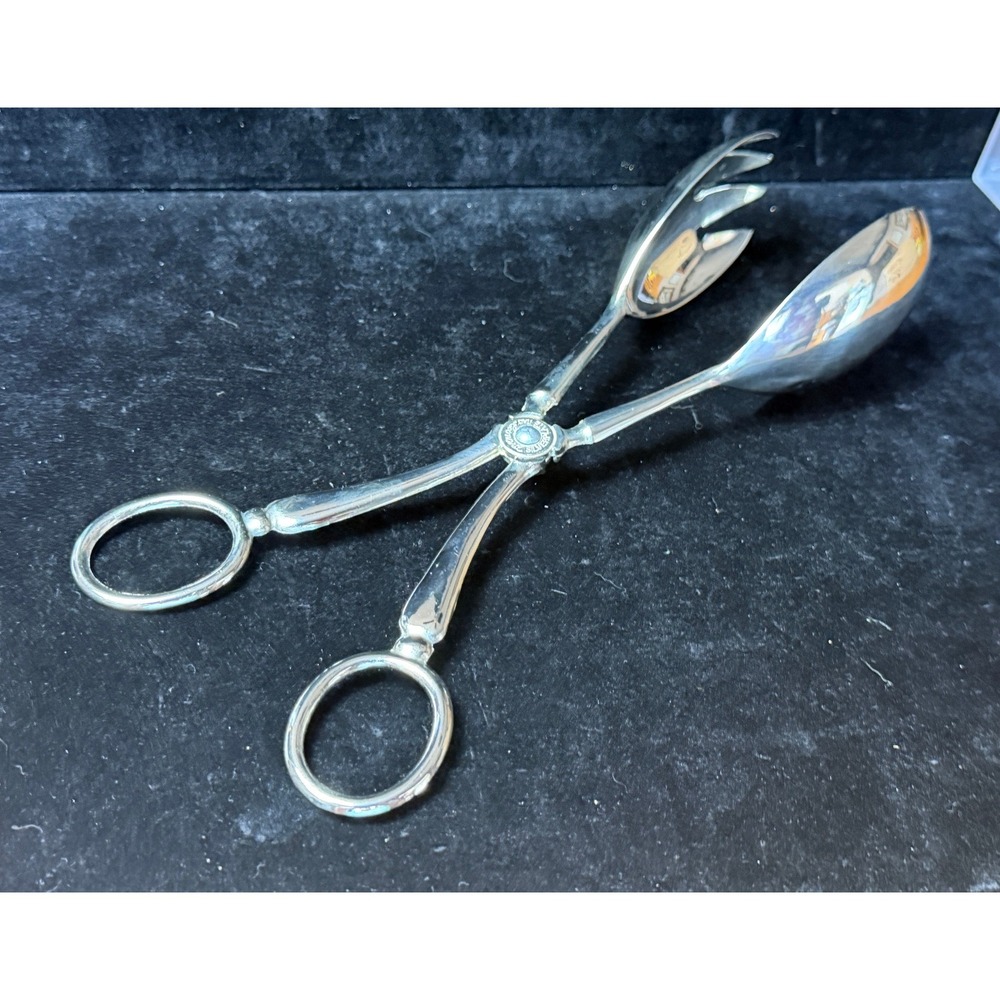 Leonard Silverplate Italy Scissor Salad Tongs Vintage Serving Spoon Fork 8.5"